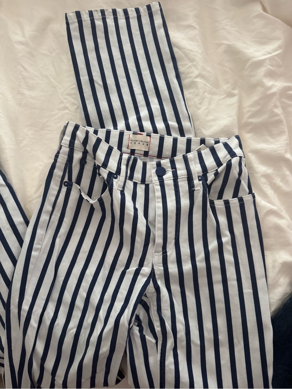 Alice + Olivia White and Navy Striped Jeans